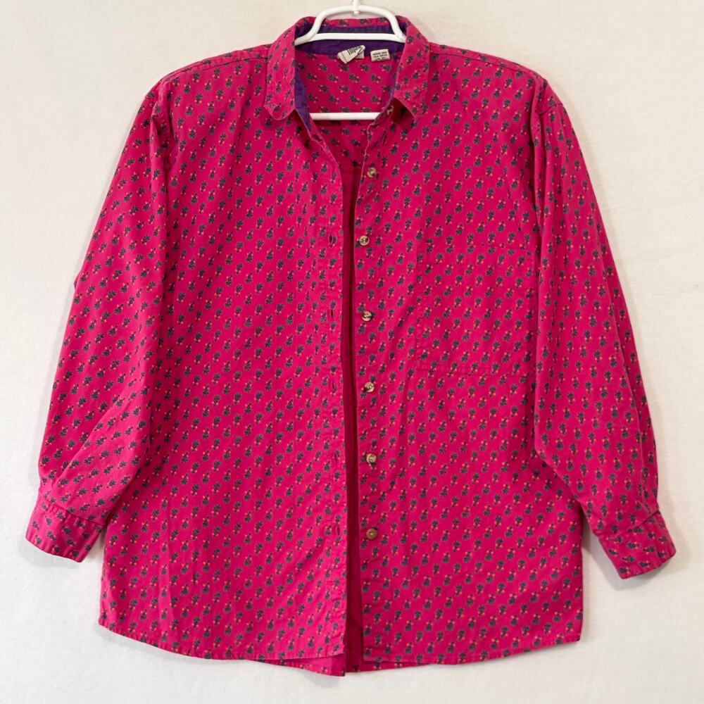 Sudden Impact Vintage Blouse Women's Large Magenta Pink Micro Floral 100% Cotton